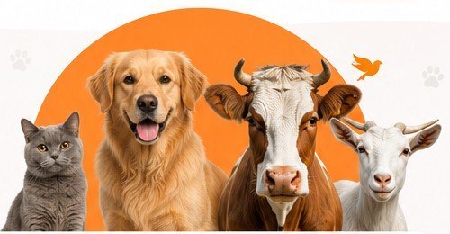 Dog, cat, cow and goat